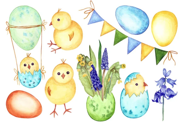 Set of watercolor illustrations with the image of yellow chickens, easter eggs and flowers. Elements are hand-drawn and isolated on a white background. Design for greeting cards, invitations, gift and packaging.