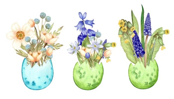 Set Watercolor Illustrations Depicting Spring Flowers Egg Shaped Vase Hand — Stock Photo, Image