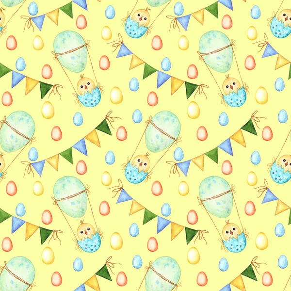 Naadloos Aquarelpatroon Met Afbeelding Van Een Gele Kip Een Eivormige — Stockfoto