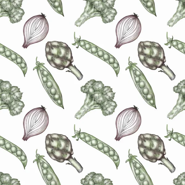 Nahtloses Muster Mit Dem Bild Von Gemüse Brokkoli Artischocke Erbsen — Stockfoto