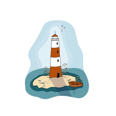 Deniz kıyısında, teknede, martılarda, kamışların klasik tarzında çekilmiş bir deniz feneri görüntüsü. Bir kupa, elbise, kumaş, tekstil üzerine kartpostal, poster basmak için tasarlandı