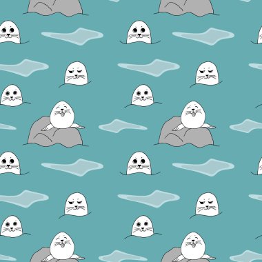 Mavi deniz, dalgalar, komik mühürler ve taş görüntüsü olan kusursuz bir şekil. Parlak turkuaz arka plan. Kartpostal, davetiye, poster, kumaş, yatak, kıyafet, tekstil tasarımı.