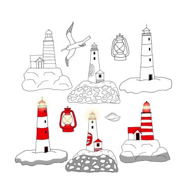 Deniz fenerleri, lamba ve martıları olan güzel bir vektör seti. Retro Clipart İllüstrasyonu.