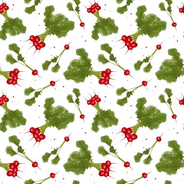 Turpla kusursuz desen. Beyaz arka planda turp. Organik yetiştirme. Küçük turp bahçesi. Tropik soyut arka plan. Taze sebze, tarım, doğa..