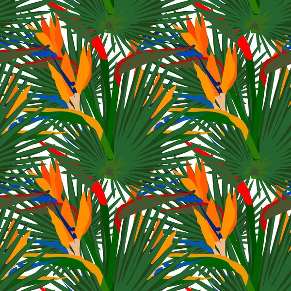 Vector seamless pattern of tropical leaves, floral tropical natural elements. Exotic flowers, twigs and leaves. Botanical background for printing on fabric, clothes, bedding