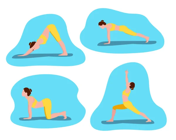 一组矢量插图描绘了一个健美的年轻女子正在做瑜伽和健身练习 一组在蓝色背景下展示各种瑜伽的女性角色 — 图库矢量图片