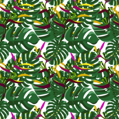 Tropikal yaprakların, tropikal doğal elementlerin vektörsüz deseni. Egzotik çiçekler, dallar ve yapraklar. Kumaş, giysi ve yatak baskısı için botanik arka plan