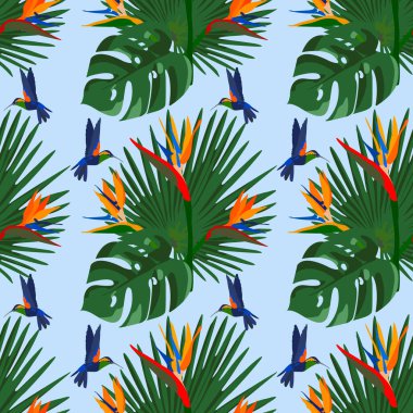 Tropikal palmiye yaprakları olan kusursuz çiçek desenli güzel bir vektör. Duvar kağıtları, web sayfası arkaplanları, yüzey dokuları, tekstil için mükemmel..