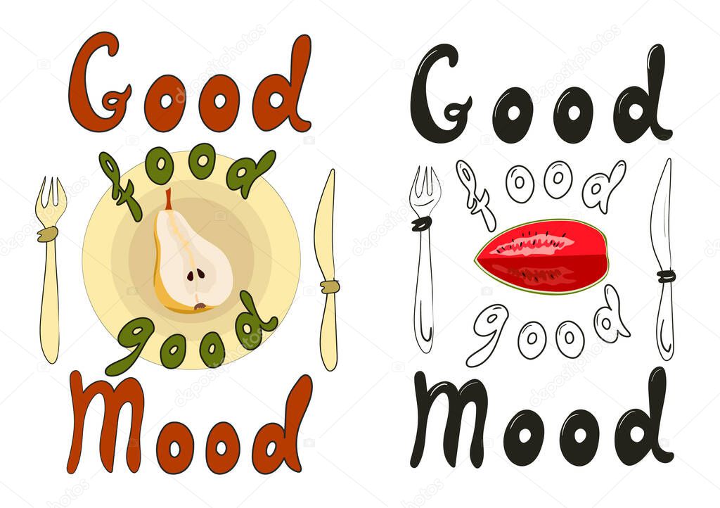 Vector vegan Logo with Lettering Good food good mood. Design Menu Card for Vegetarians, Logo Vegan Shop, Round Vegetable Frame on white background.