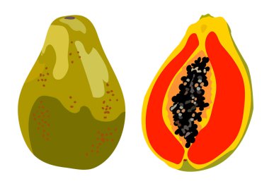 Tüm papaya ve papaya, beyaz arka planda yarı izole edilmiş. Tohumlarla dolu olgun papaya. Vektör illüstrasyon düz simgesi kullanılabilir: Yazdır, pankart, etiket, poster, çıkartma, logo.