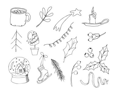 Noel karalamaları. Elle çizilmiş Xmas çizimleri. Kış ve Yeni Yıl siyah taslak simgeleri. Tatil tebrik kartı, hediye etiketi, etiket, etiket, afiş, poster, kartpostal için modern tasarım ögeleri