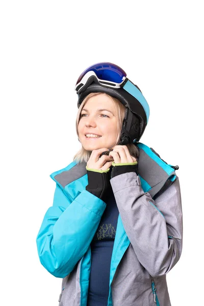 Foto de mulher esportiva usando capacete em fundo isolado — Fotografia de Stock