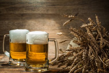 Boş ahşap arka planda buğday dallarının yanında iki kupa bira.