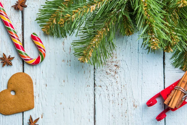 Kerstboom Brunches Koekje Lolly Witte Houten Planken Chistmas Achtergrond — Stockfoto