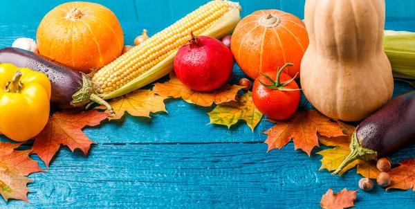 Fotografie Vrcholu Podzimního Listí Dýně Rajče Granátové Jablko Kukuřice Modrém — Stock fotografie