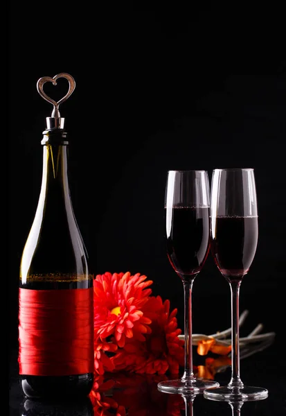 Bottle Wine Cork Form Heart Two Glasses Three Red Gerbera — Stock Photo, Image