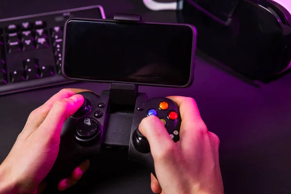 Man Hands Playing Computer Game Game Joystick Gamer Workspace Concept — Stock Photo, Image