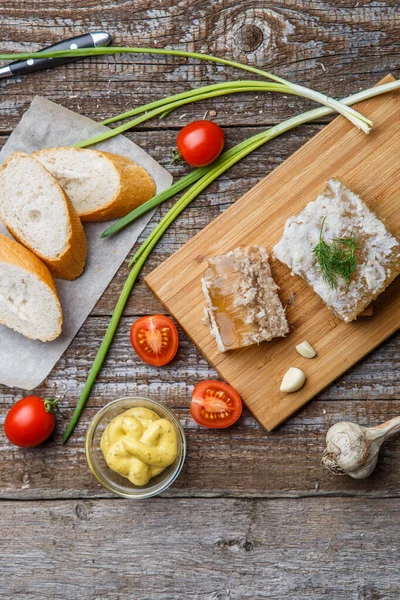 Homemade Jelly Meat Mustard Bread Tomatoes Garlic Table Holodets Traditional — Stock Photo, Image