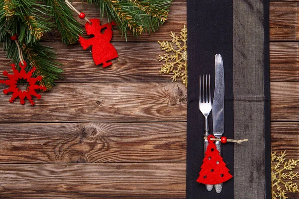 Christmas Table Place Setting Fork Knife Decorated Christmas Toy Red Stock Picture