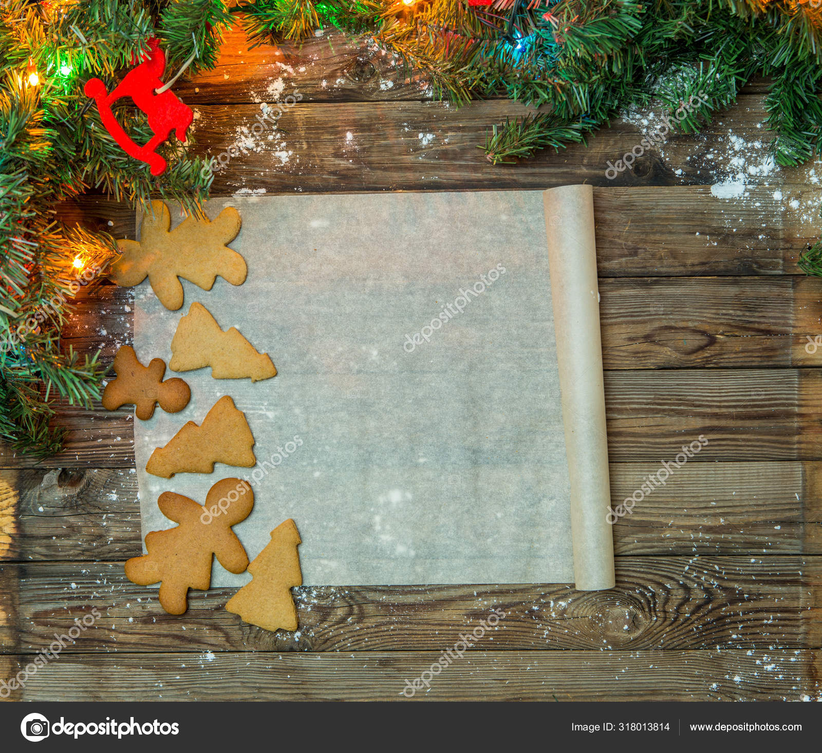 Christmas Gingerbread Parchment Paper Festive Wooden Table Stock