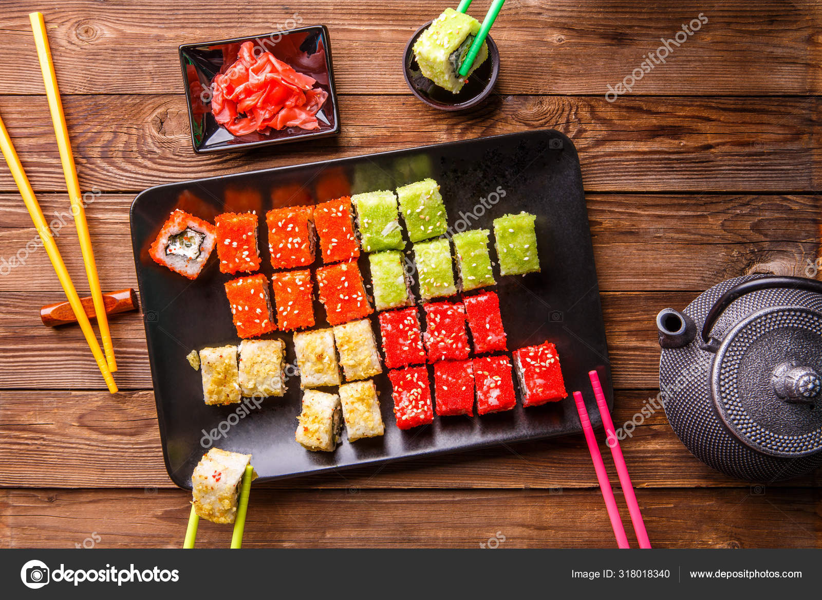 Sushi Roll Set Plate Soy Sauce Dark Wooden Background Stock Photo