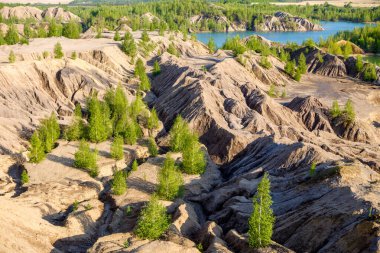 Yazın mavi göl ve bitki örtüsü olan resimli tepe manzarası
