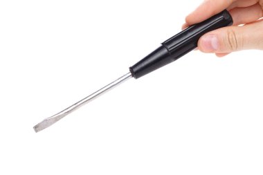 Beyaz arka planda siyah tornavidalı bir el. Çevirme aracı.