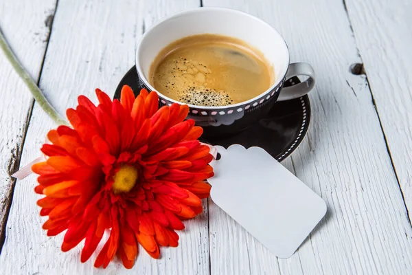 Gerber Taza Café Sobre Mesa Blanca Con Postal Limpia —  Fotos de Stock