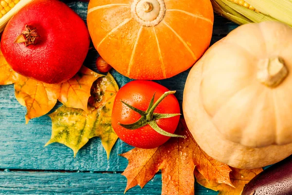 Foto Parte Superior Las Hojas Otoño Calabaza Tomate Granada Sobre —  Fotos de Stock