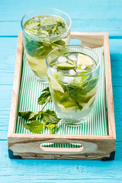 Two glasses of mojito in wooden box with mint on blue wooden table