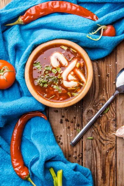 Sopa Beterraba Chapa Madeira Com Legumes Mesa Madeira Borch Comida — Fotografia de Stock