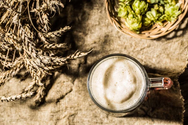 Deux Bières Tankard Blé Houblon Sur Toile Lin Sur Table — Photo