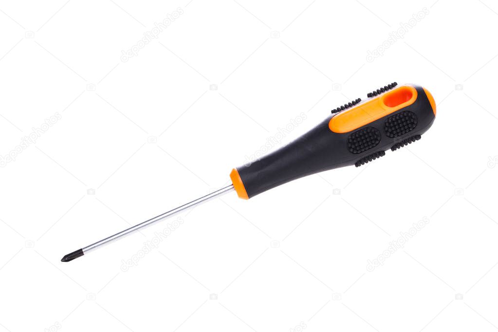 Photo of iron screwdriver close-up on white empty background