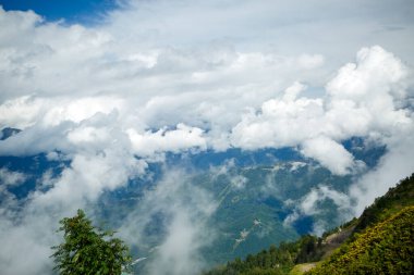 Bitkilerle kaplı dağ yamaçları, yaz günü bulutlu gökyüzü.