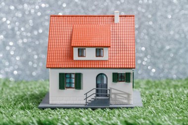 Yeşil çimlerin üzerinde gri arka planda benekli oyuncak ev resmi