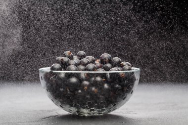Cam bardakta siyah frenk üzümü fotoğrafı. Beyaz tozlu, siyah boş arkaplan.