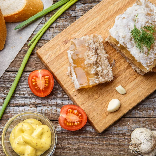 Homemade Jelly Meat Mustard Bread Tomatoes Garlic Table Holodets Traditional — Stock Photo, Image