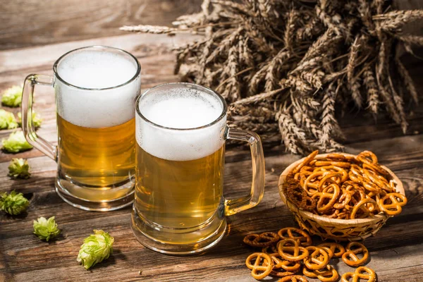 Beer Blackjack Hops Wheat Spikes Wooden Table — Stock Photo, Image