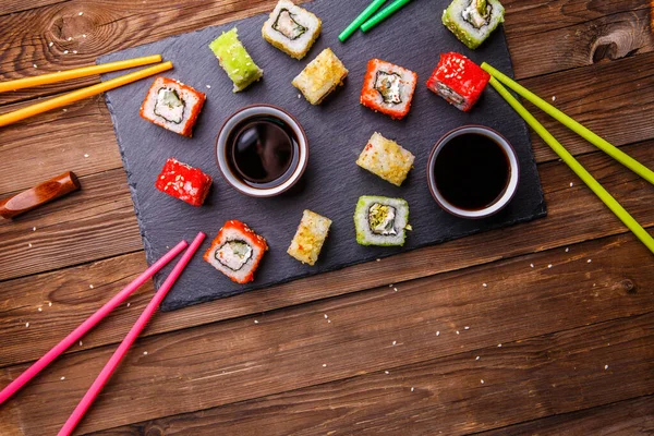 Sushi Set Rolls Soy Sauce Served Gray Stone Slate Wooden — ストック写真