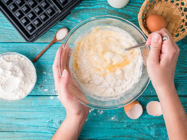 Making Waffles Home Waffle Iron Batter Bowl Ingredients Milk Eggs — Stock Photo, Image