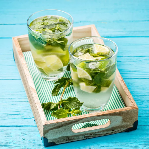 Two glasses of mojito in wooden box with mint on blue wooden table