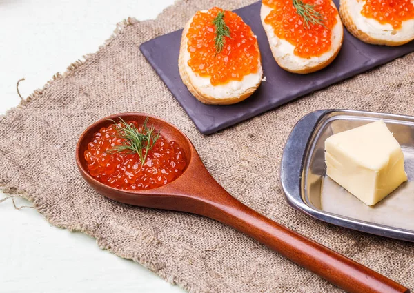 Sandwiches Salmon Caviar Wooden Spoon Butter Knife White Wooden Table — Stock Photo, Image