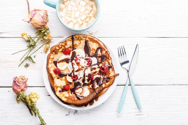 Image Pancakes Chocolate Banana Raspberries White Wooden Table — Stock Photo, Image