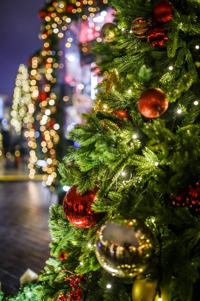 Photo New Year Decorated Fir Trees Background Dark Blue Evening — Stock Photo, Image