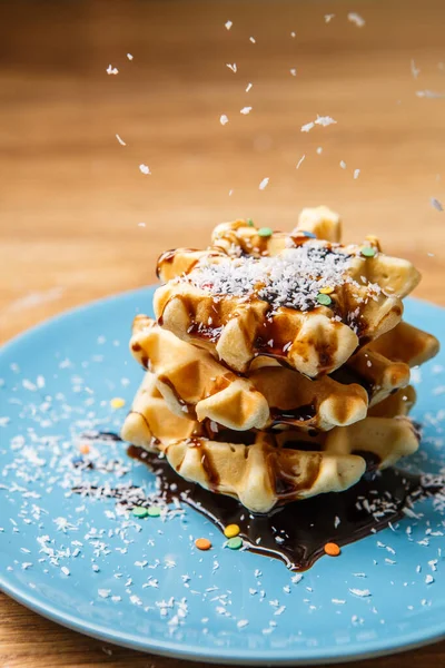 Homemade Waffles Sprinkles Chocolate Coconut Blue Plate — Stock Photo, Image