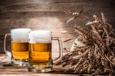 Boş ahşap arka planda birkaç birayla buğday dikenleri.