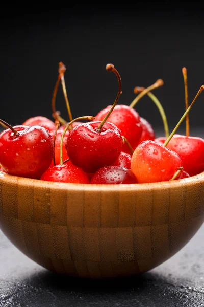 Image Sweet Cherry Wooden Cup Gray Table — Stock Photo, Image