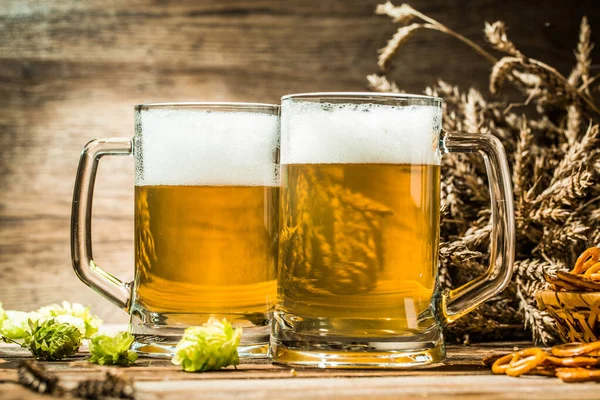 Two Tankard Beer Closeup Wooden Table Empty Wooden Background — Stock Photo, Image