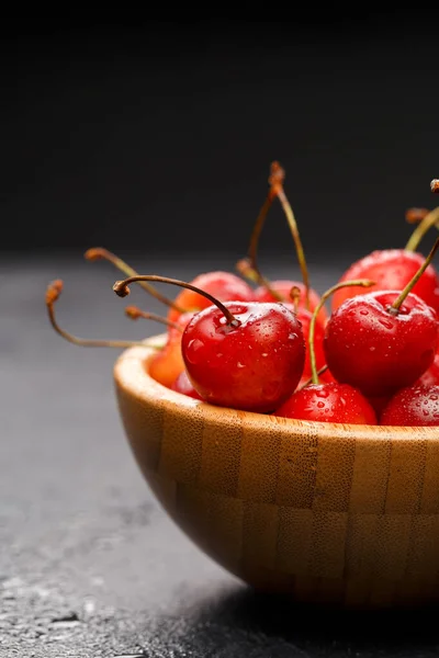 Image Red Cherry Wooden Cup Gray Table Black Background — Stock Photo, Image