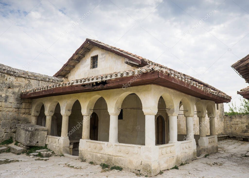 Reconstructed Karaim kenasa in medieval cave town Chufut-Kale. Bakhchisaray, Crimea